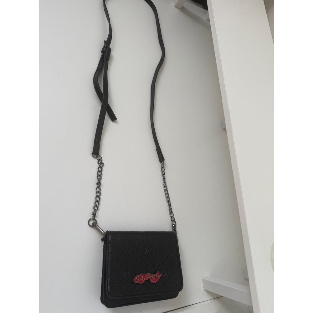 Ed Hardy Black Embossed Skull Heart Crossbody Wallet Bag Chain Strap